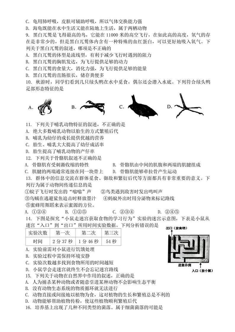 湖南省娄底市涟源市2024~2025学年八年级(上)期中生物试卷(含答案)02