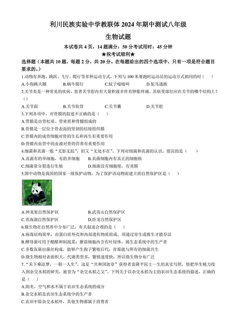 湖北省恩施州利川市民族实验中学教联体2024~2025学年八年级(上)期中生物试卷(含答案)第1页