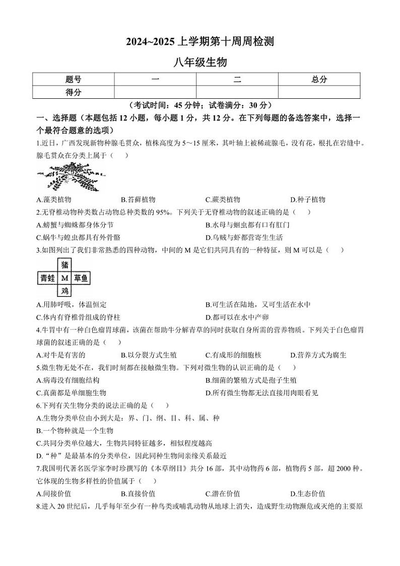 辽宁省鞍山市岫岩满族自治县2024~2025学年八年级(上)期中生物试卷(含答案)第1页
