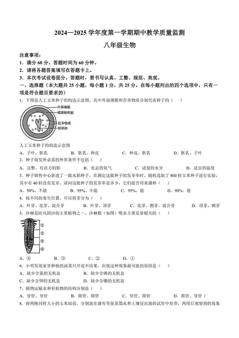 河北省保定市高碑店市2024~2025学年八年级(上)期中生物试卷(含答案)第1页