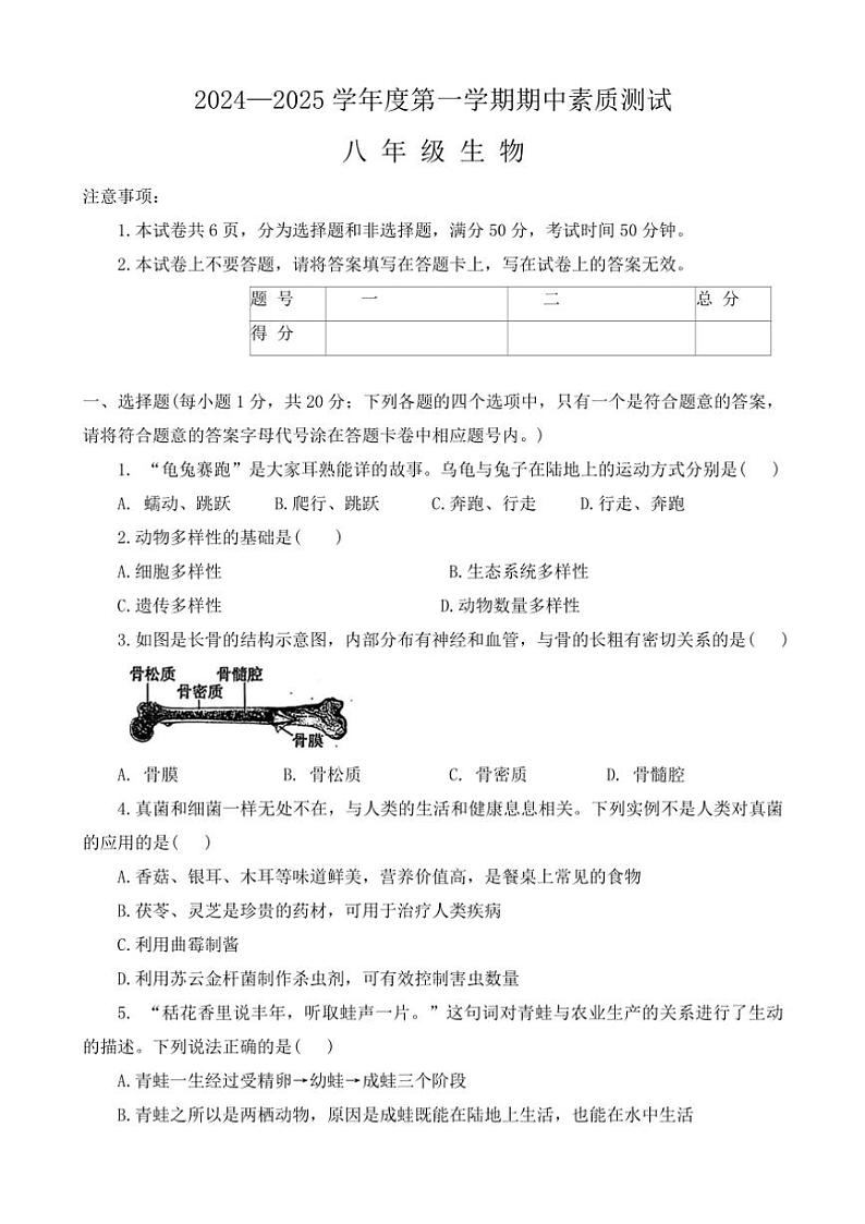 河南省驻马店市西平县2024~2025学年八年级(上)期中生物试卷(含答案)第1页