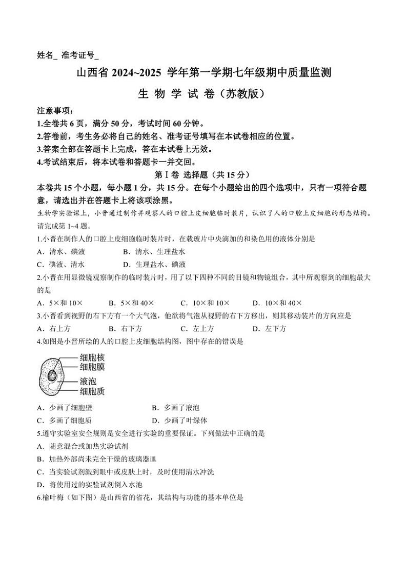 山西省运城市河津市多校2024~2025学年七年级(上)期中测试生物试卷(含答案)01