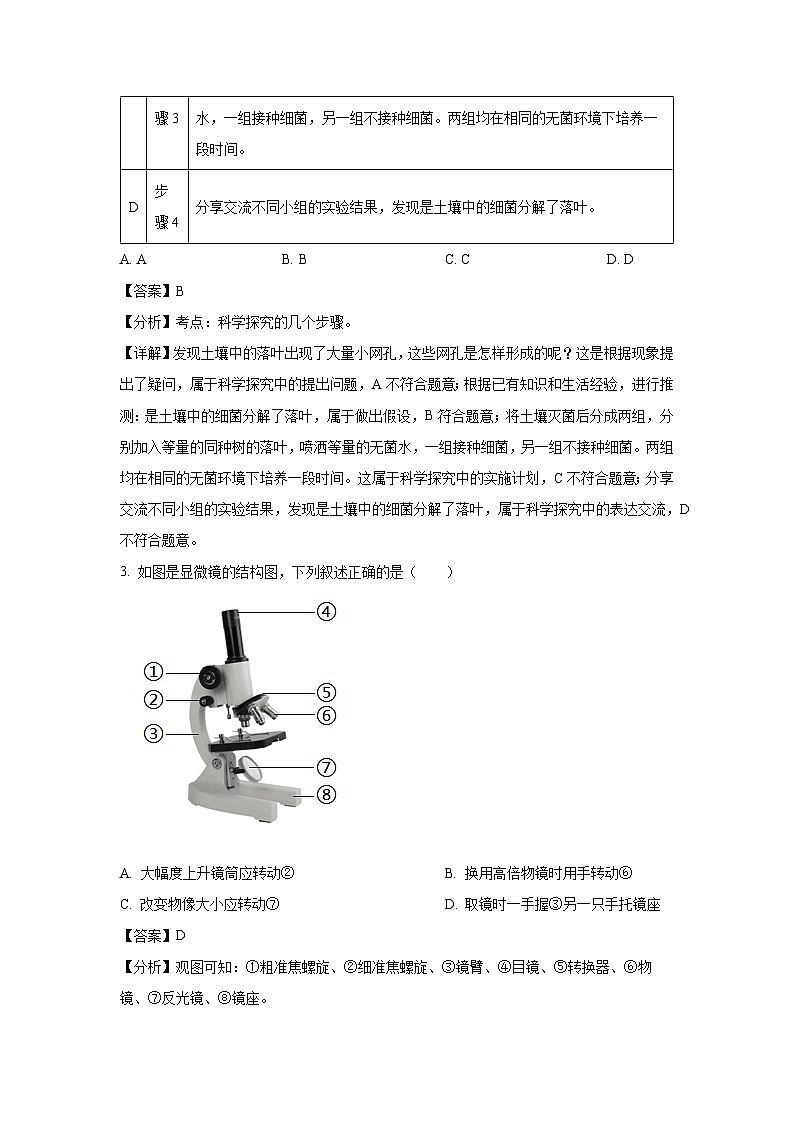 江苏省扬州市邗江区第三共同体2023-2024学年七年级上学期期中生物试卷(解析版)第2页