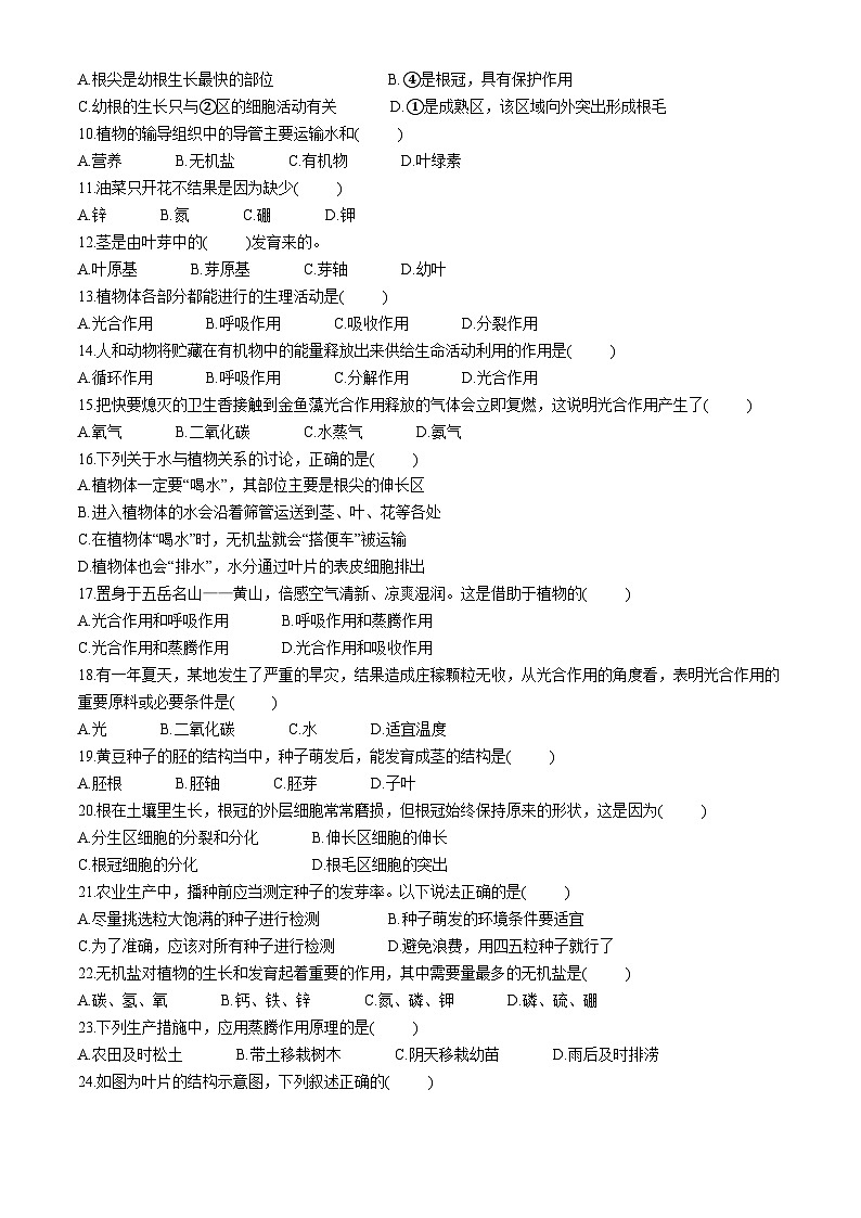 重庆市长寿实验中学校2024-2025学年八年级上学期期中生物学试题(无答案)02