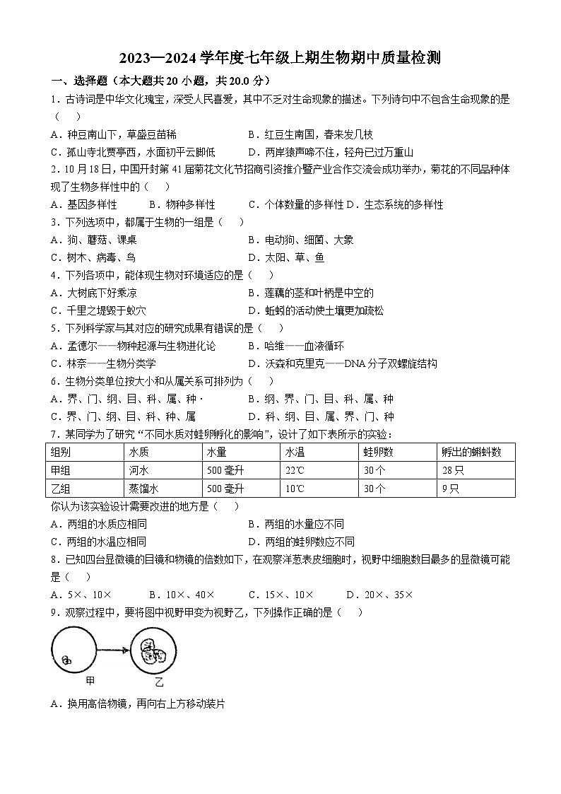 河南省驻马店市驿城区2023-2024学年七年级上学期期中生物学试题第1页