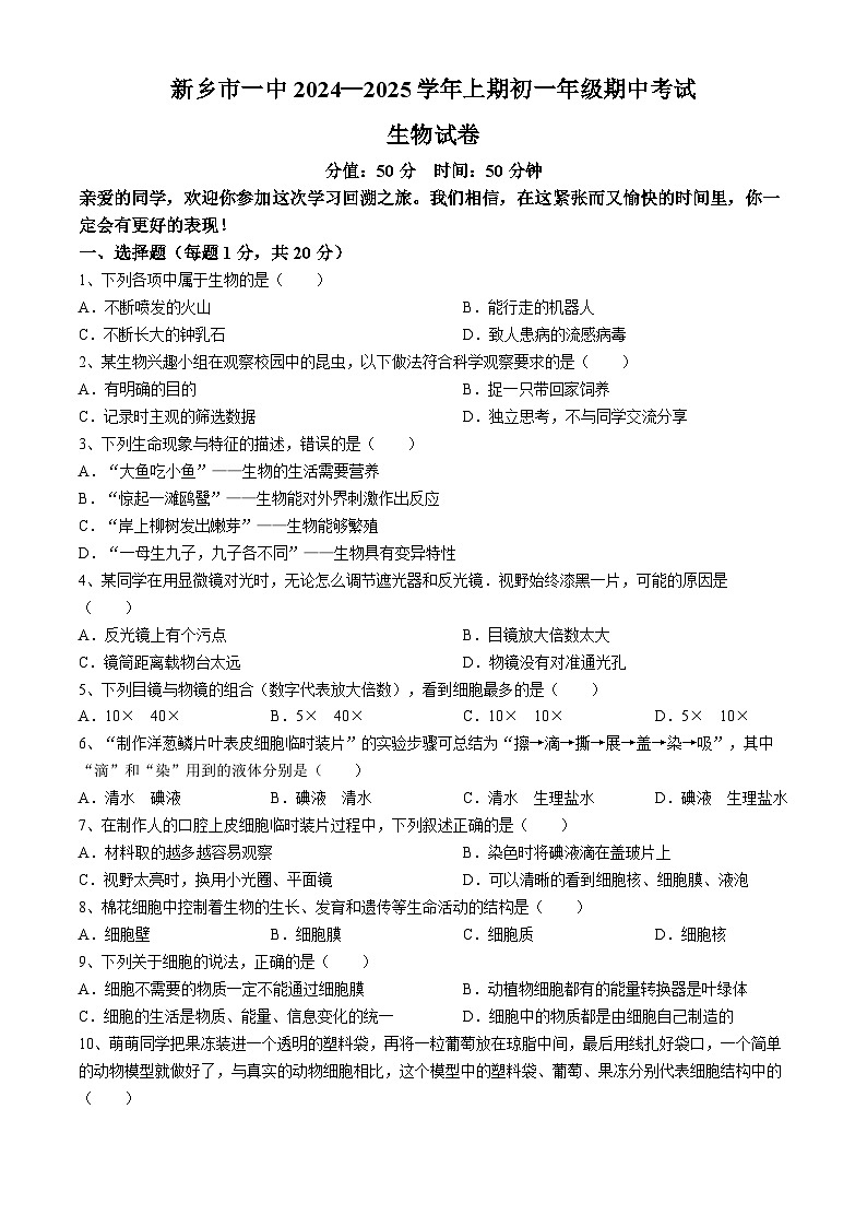 河南省新乡市第一中学2024-2025学年七年级上学期期中生物学试题(无答案)第1页