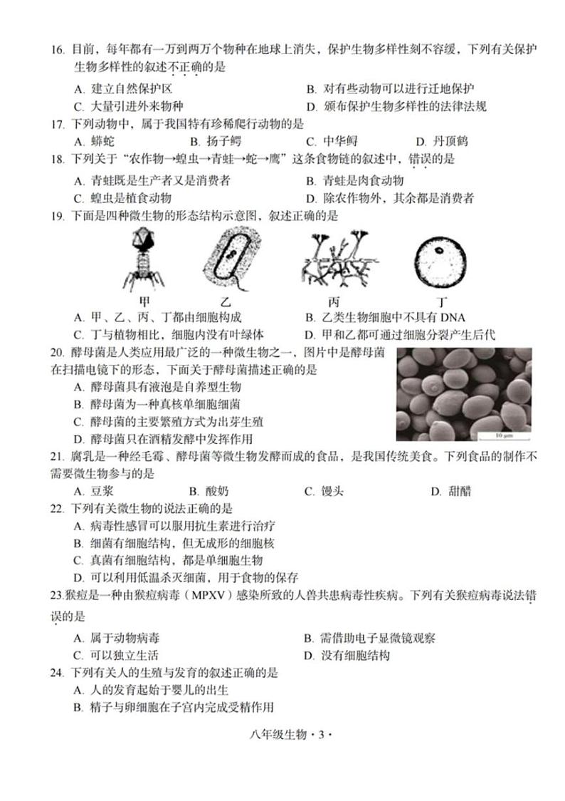 广东省梅州市大埔县2024-2025学年八年级上学期11月期中生物试题第3页