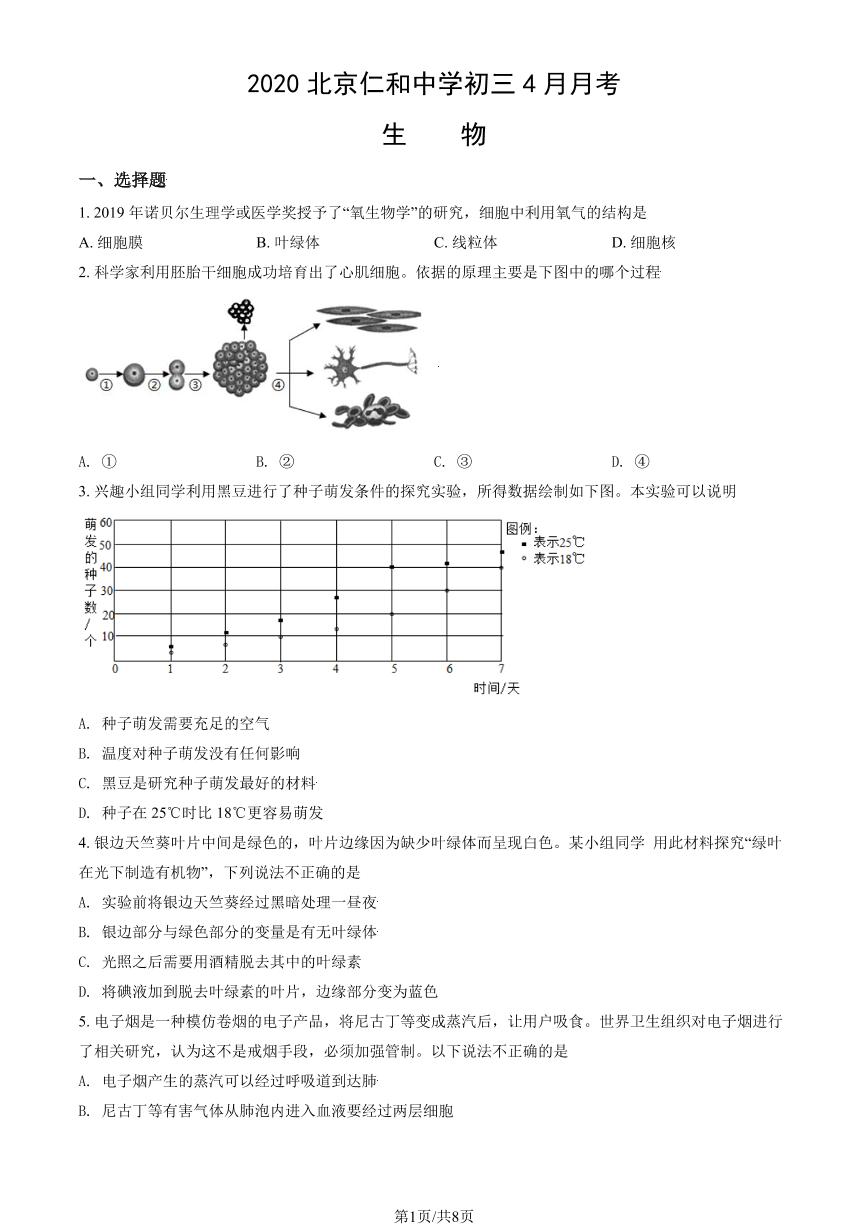 2020北京仁和中学初三下学期4月月考生物试卷