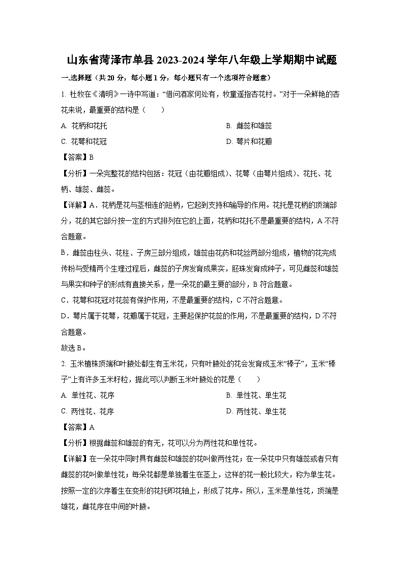 2023-2024学年山东省菏泽市单县八年级(上)期中生物试卷(解析版)01