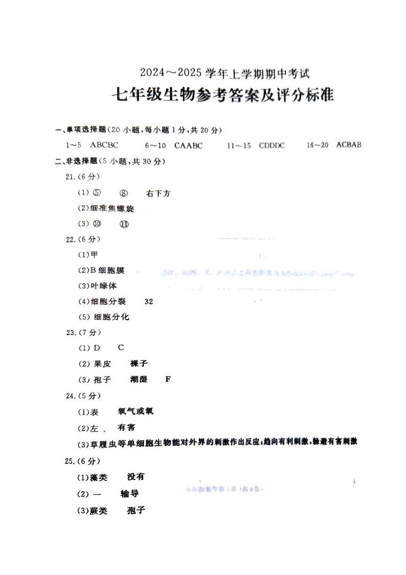 河南省漯河市舞阳县2024-2025学年七年级上学期期中考试生物试卷01