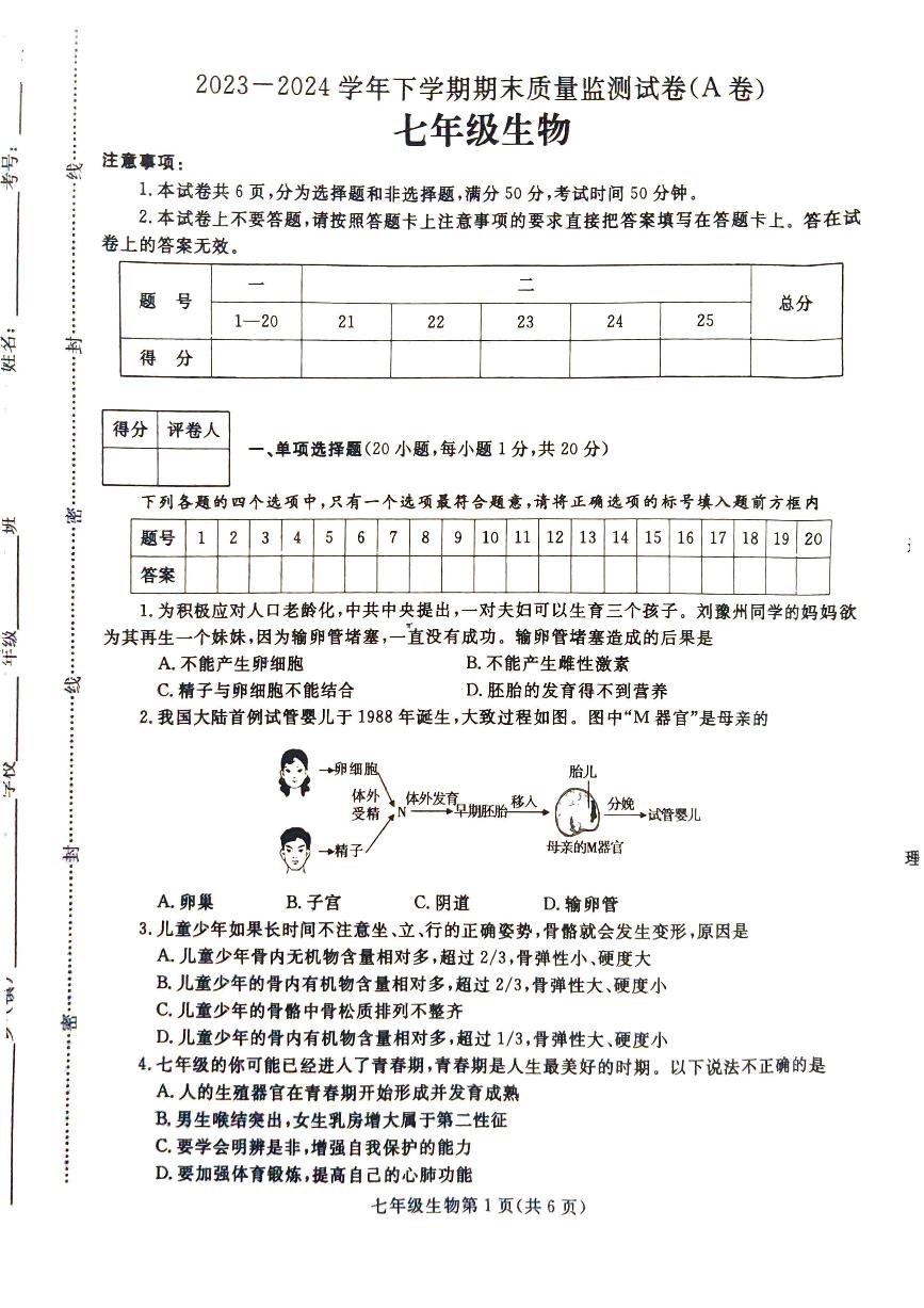 河南省漯河市舞阳县2023-2024学年七年级下学期期末生物试卷