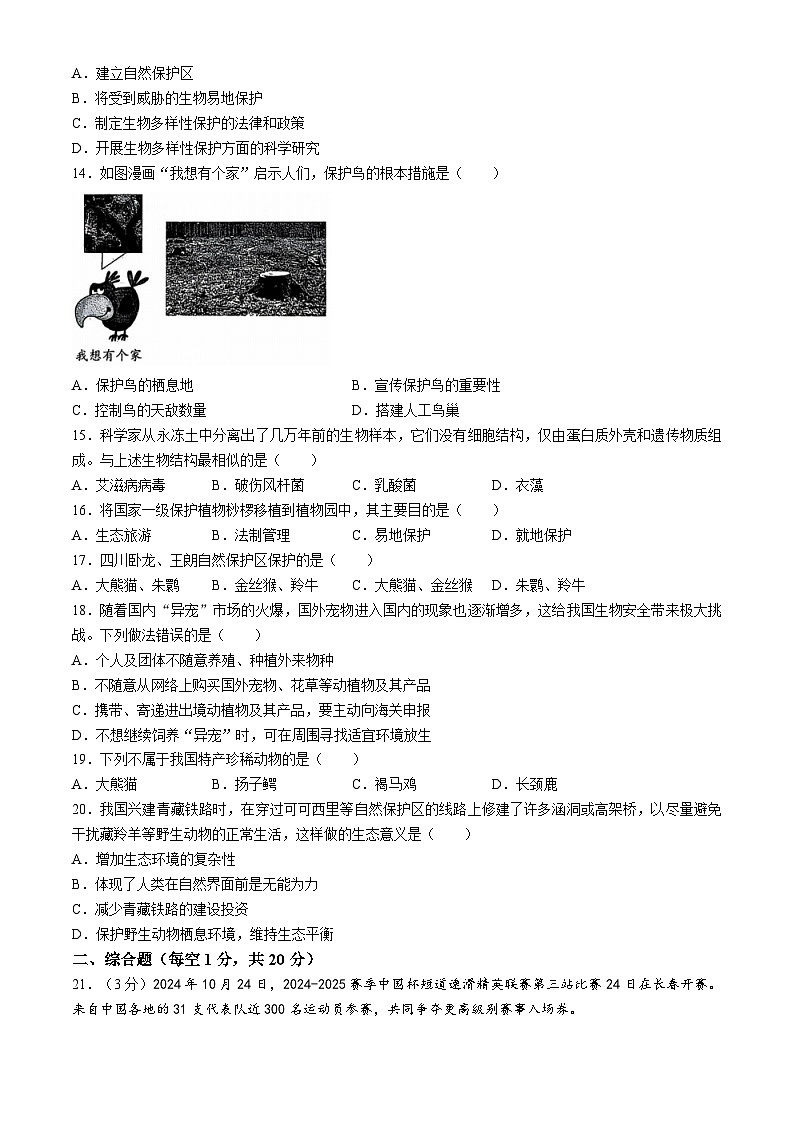 安徽省淮北市淮北市第一中學2024-2025學年八年級上學期期中生物學試題第3頁