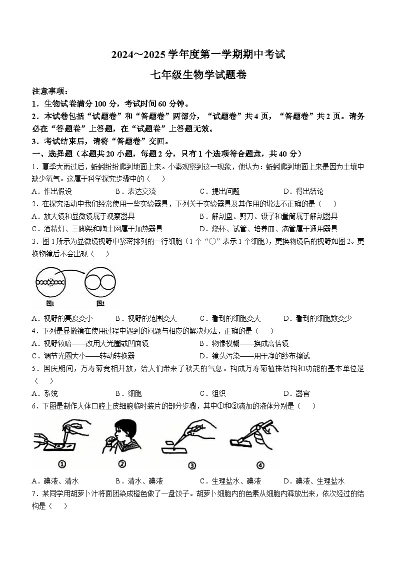 安徽省滁州市全椒县2024-2025学年七年级上学期期中生物学试题第1页