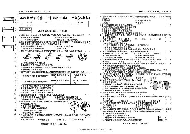 吉林省吉林市第九中学2024-2025学年七年级上学期期中考试生物试卷第1页