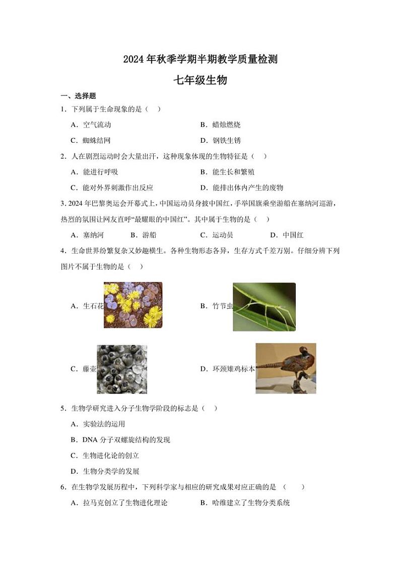 2024~2025学年贵州省毕节市金沙县七年级(上)期中生物试卷(含解析)第1页