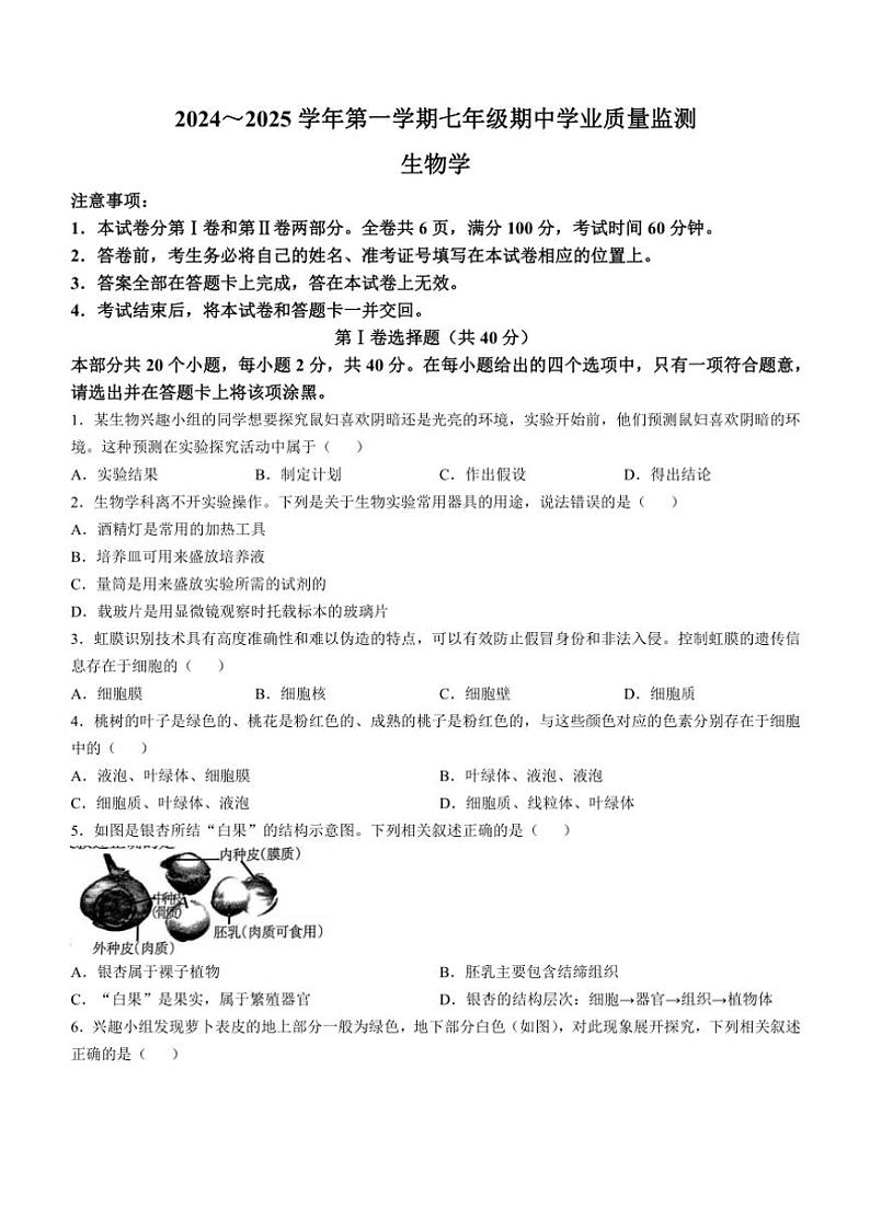 2024~2025学年山西省运城市实验中学七年级(上)期中生物试卷(含答案)第1页