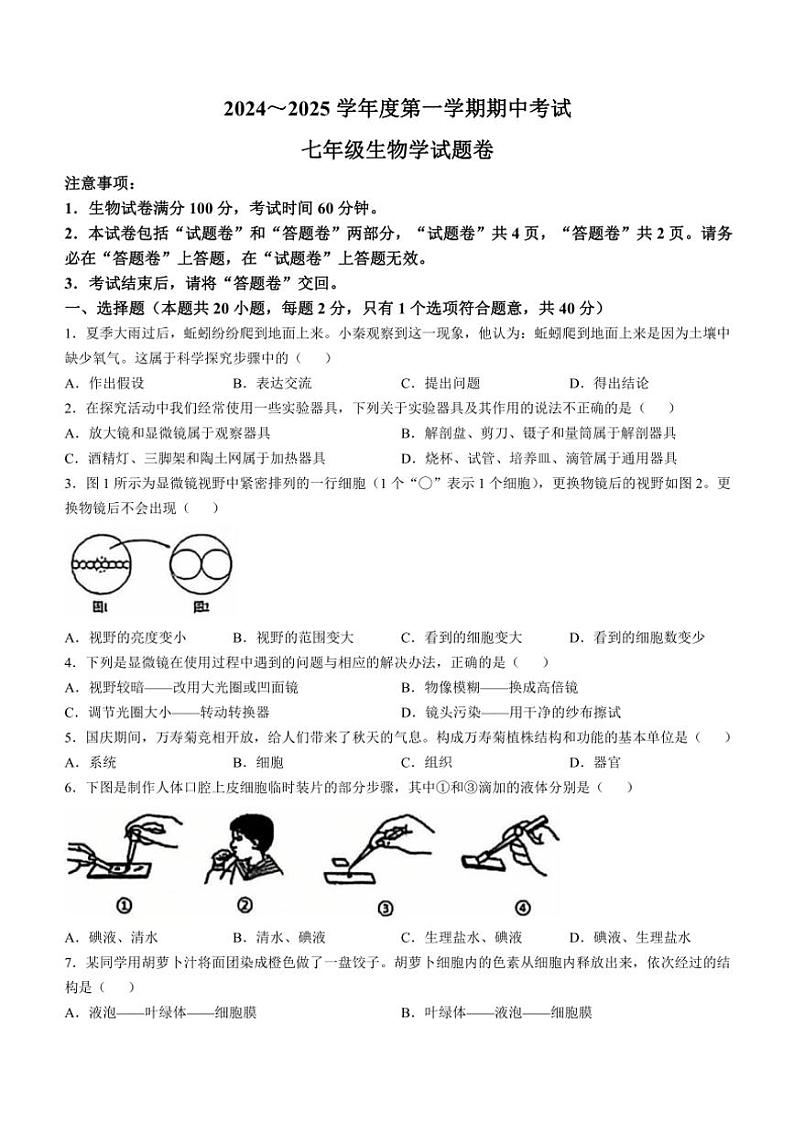 2024~2025学年安徽省滁州市全椒县七年级(上)期中生物试卷(含答案)第1页