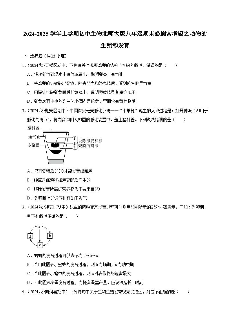 2024-2025学年初中生物(北师大版)八年级上册期末必刷常考题:动物的生殖和发育第1页