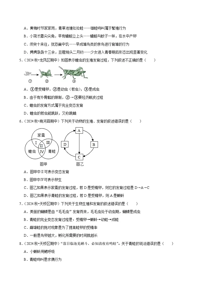 2024-2025学年初中生物(北师大版)八年级上册期末必刷常考题:动物的生殖和发育第2页