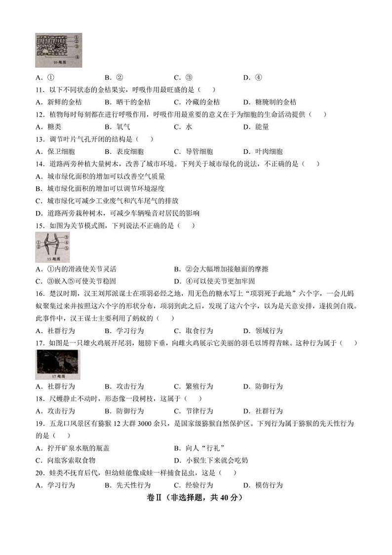 河北省张家口市张北县2023~2024学年八年级(上)期中生物试卷(含答案)第2页