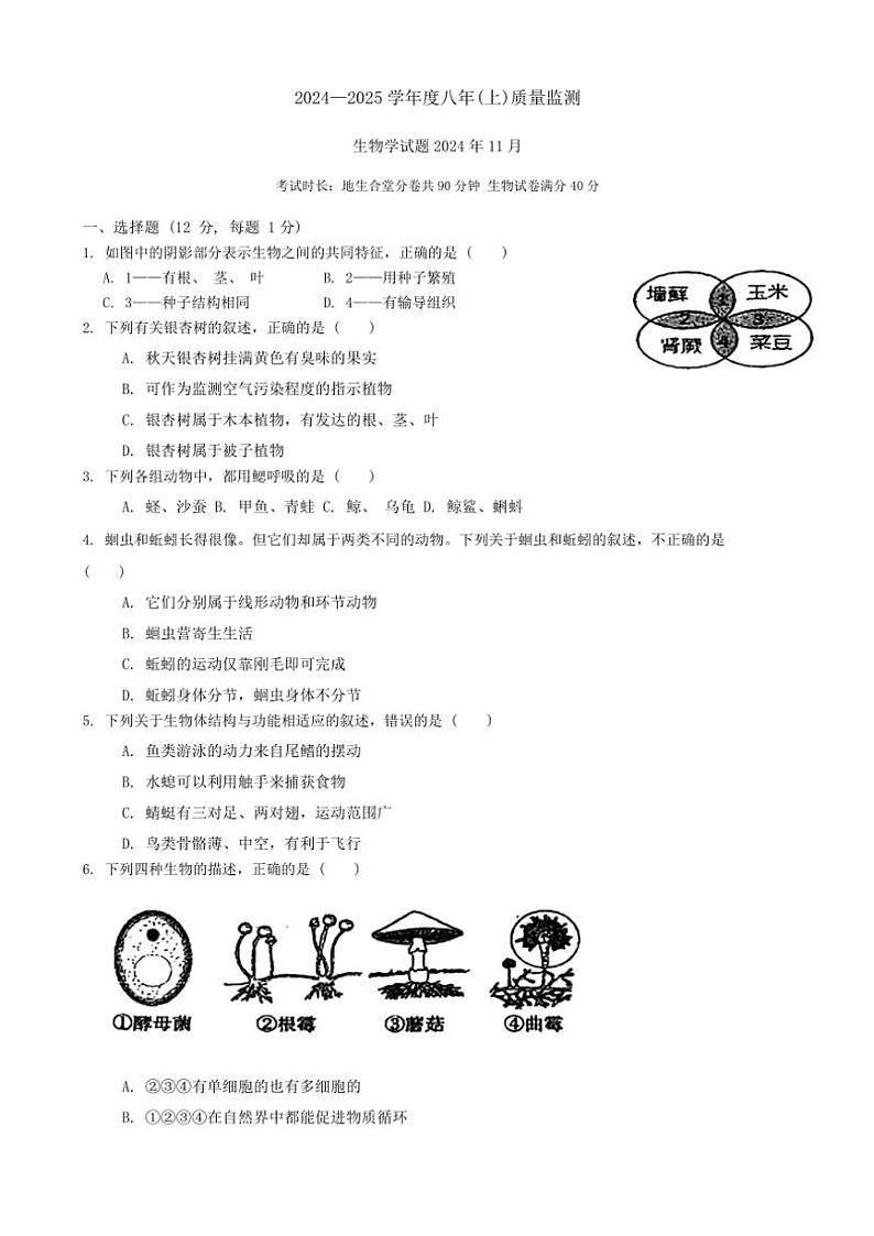 辽宁省鞍山市高新区2024~2025学年八年级(上)期中生物试卷(含答案)第1页