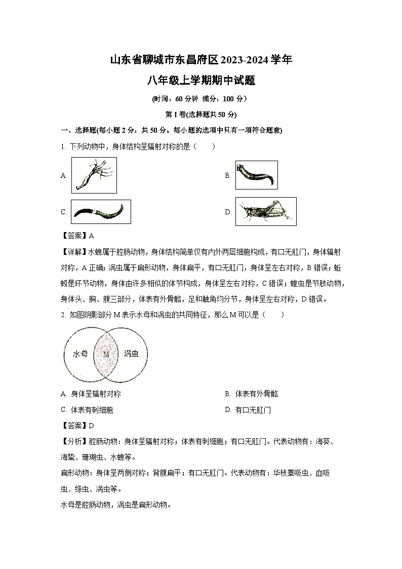 2023-2024学年山东省聊城市东昌府区八年级(上)期中生物试卷(解析版)第1页