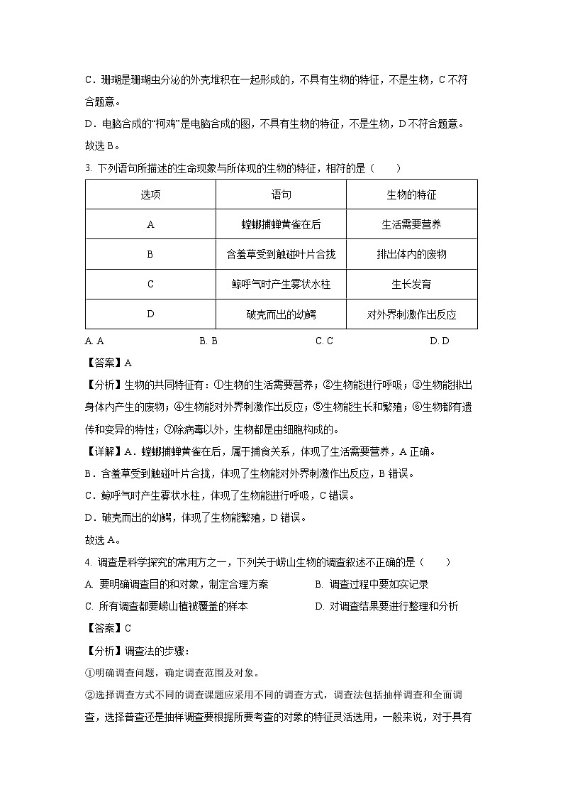 2023-2024学年山东省青岛市一中市南区分校(琴岛学校)七年级(上)期中生物试卷(解析版)第2页