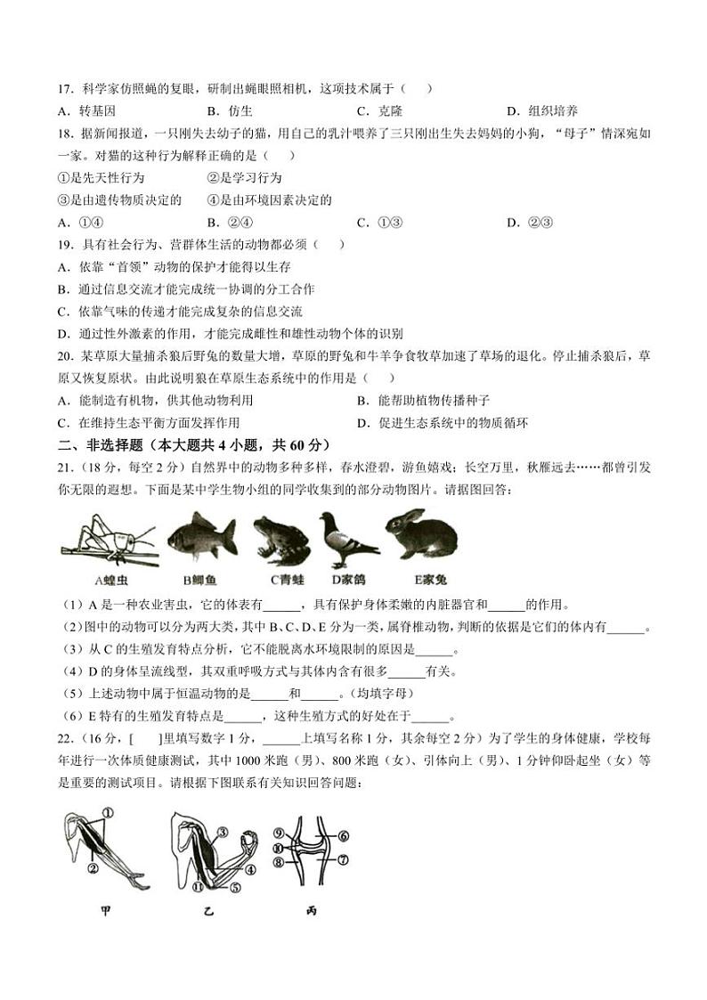 安徽省安庆市怀宁县2024~2025学年八年级(上)期中生物试卷(含答案)03