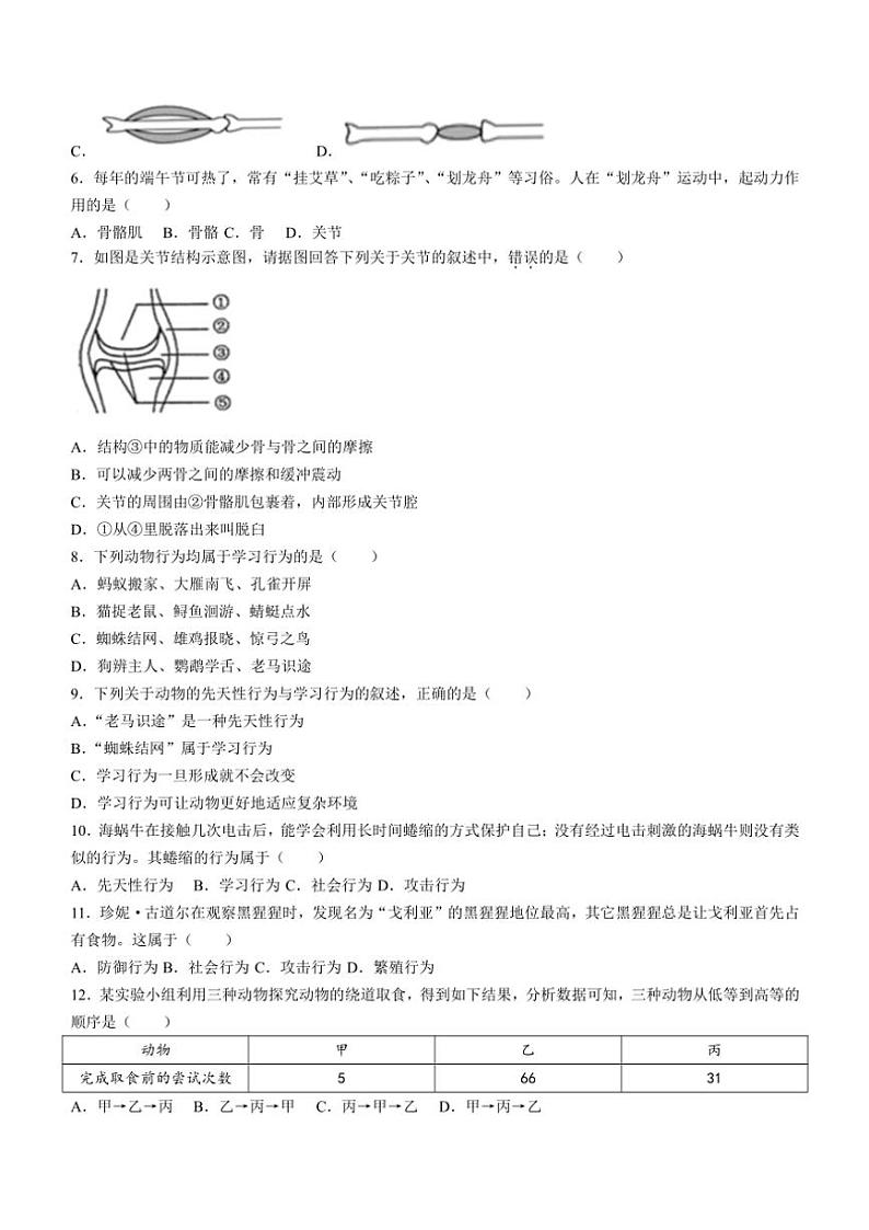 广东省梅州市大埔县2024~2025学年八年级(上)期中生物试卷(含答案)02