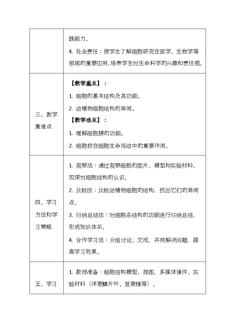 冀少版(2024新版)七年级上册生物第一单元《生物体的结构层次》1.3《细胞的结构》教案第2页