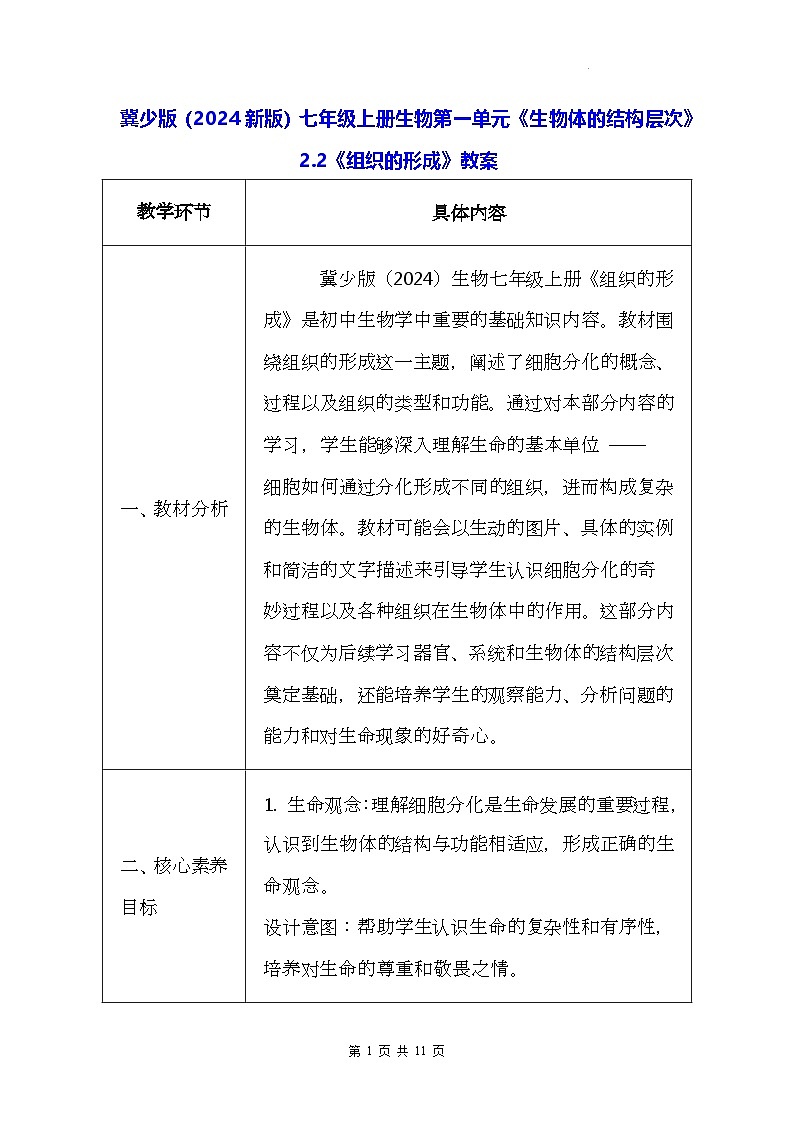 冀少版(2024新版)七年级上册生物第一单元《生物体的结构层次》2.2《组织的形成》教案第1页