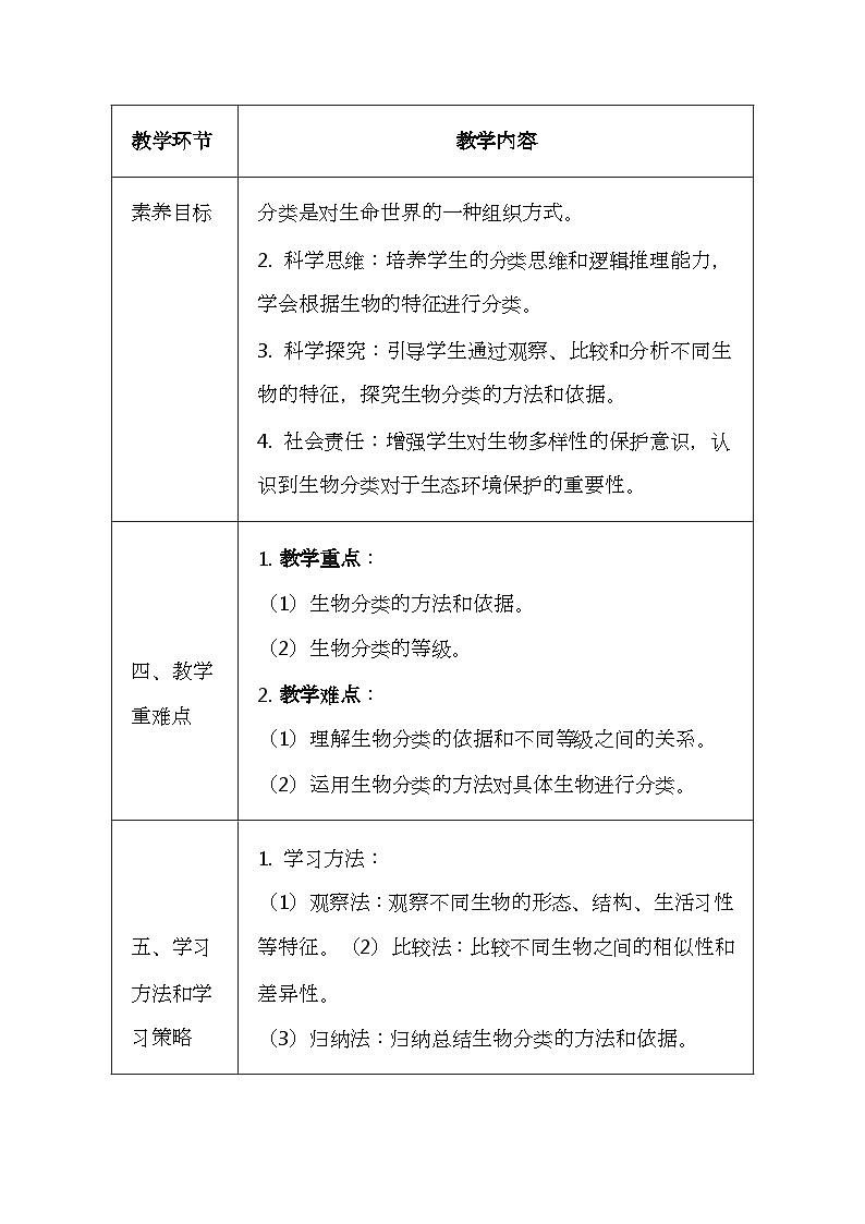 冀少版(2024新版)七年级上册生物第二单元《生物的多样性》3.1《生物的分类》教案第2页