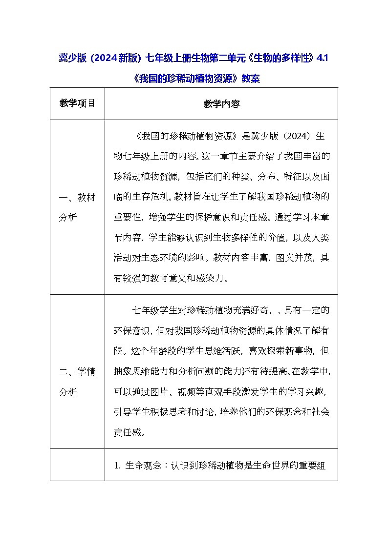 冀少版(2024新版)七年级上册生物第二单元《生物的多样性》4.1《我国的珍稀动植物资源》教案第1页