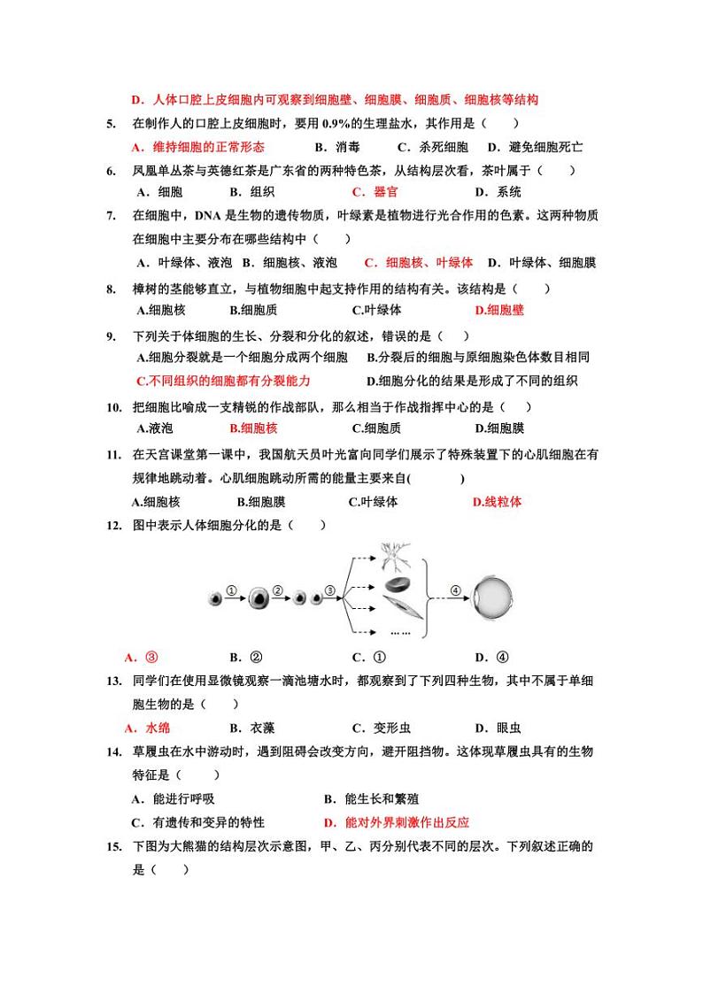 广东省肇庆市封开县广信中学2024~2025学年七年级(上)期中生物试卷(含答案)第2页