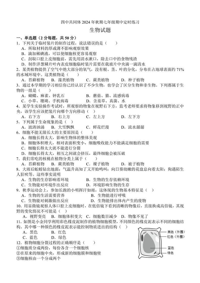 四川省泸州市泸县四中教育共同体2024~2025学年七年级(上)期中生物试卷(含答案)第1页