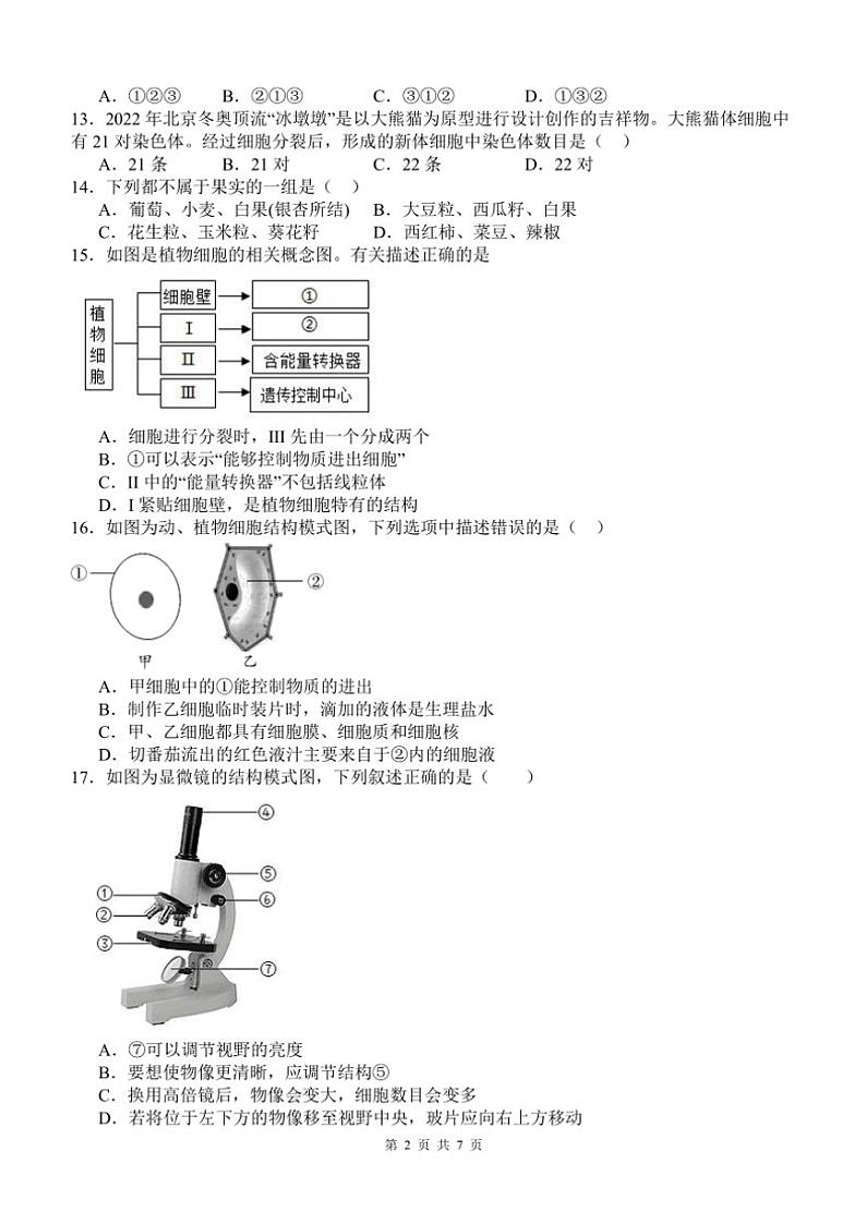 四川省泸州市泸县四中教育共同体2024~2025学年七年级(上)期中生物试卷(含答案)第2页
