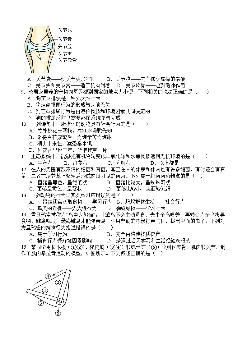 泸县四中教育共同体2024秋期八年级期中生物试卷第2页