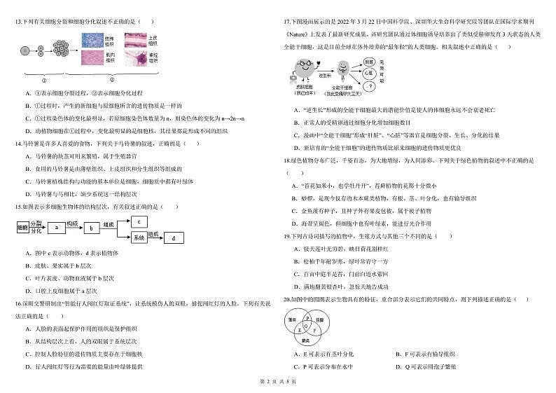 2024-2025学年第一学期山东省德州市宁津县第二实验中学七年级生物期中试卷第2页