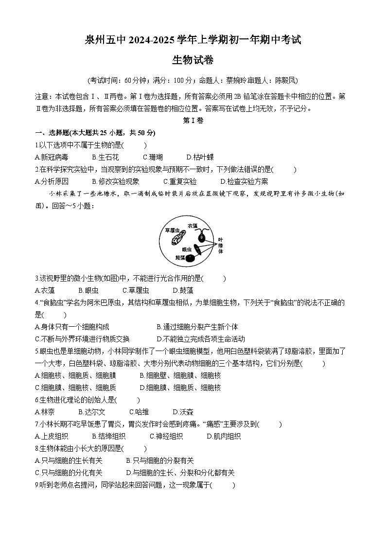 福建省泉州市第五中学2024-2025学年七年级上学期期中生物试题(无答案)第1页