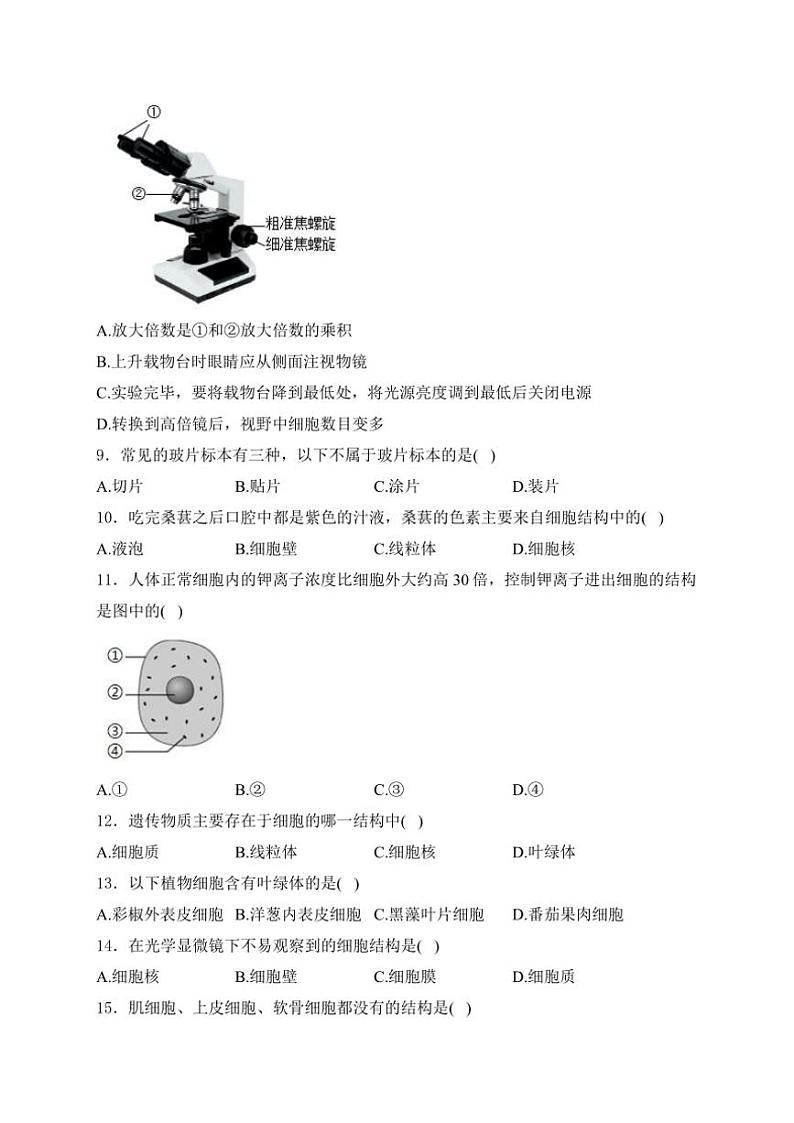 河南省驻马店市泌阳县光亚学校、致远学校2024~2025学年七年级(上)10月月考生物试卷(含答案)第2页
