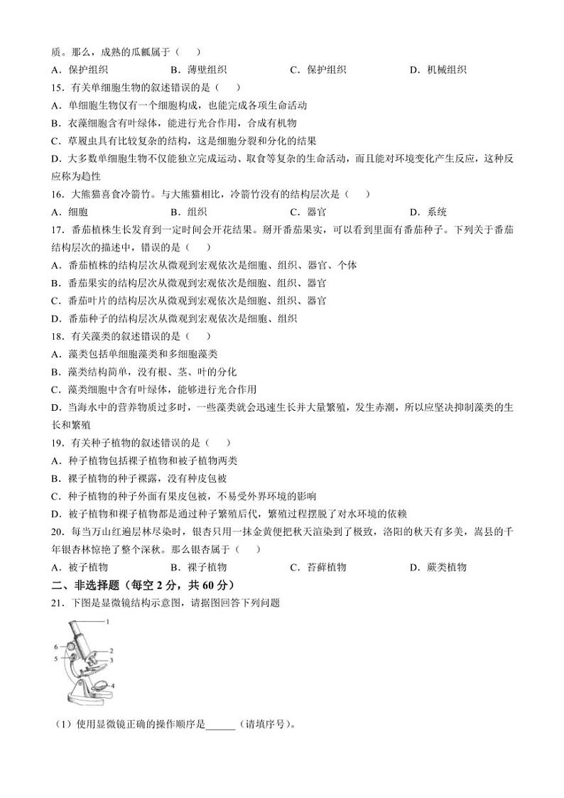 河南省洛阳市嵩县2024~2025学年七年级(上)期中生物试卷(含答案)03