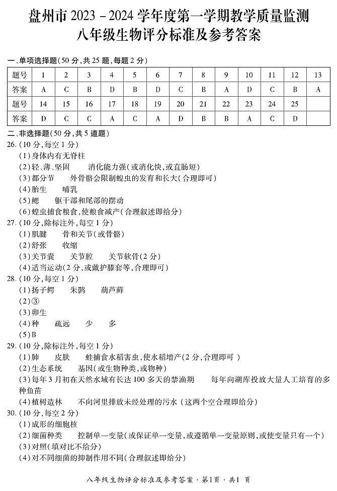 盘州市2023-2024学年度第一学期教学质量监测-八年级生物答案第1页