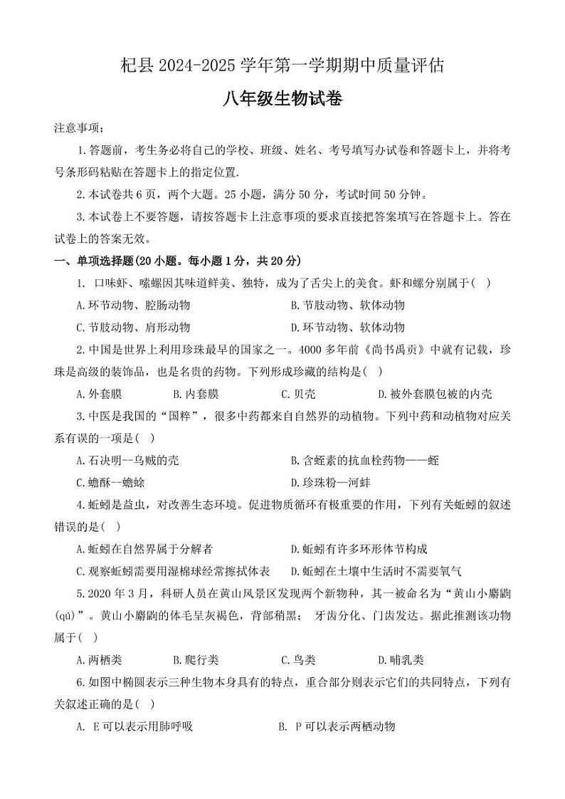 河南省开封市杞县2024-2025学年八年级上学期期中生物试题第1页