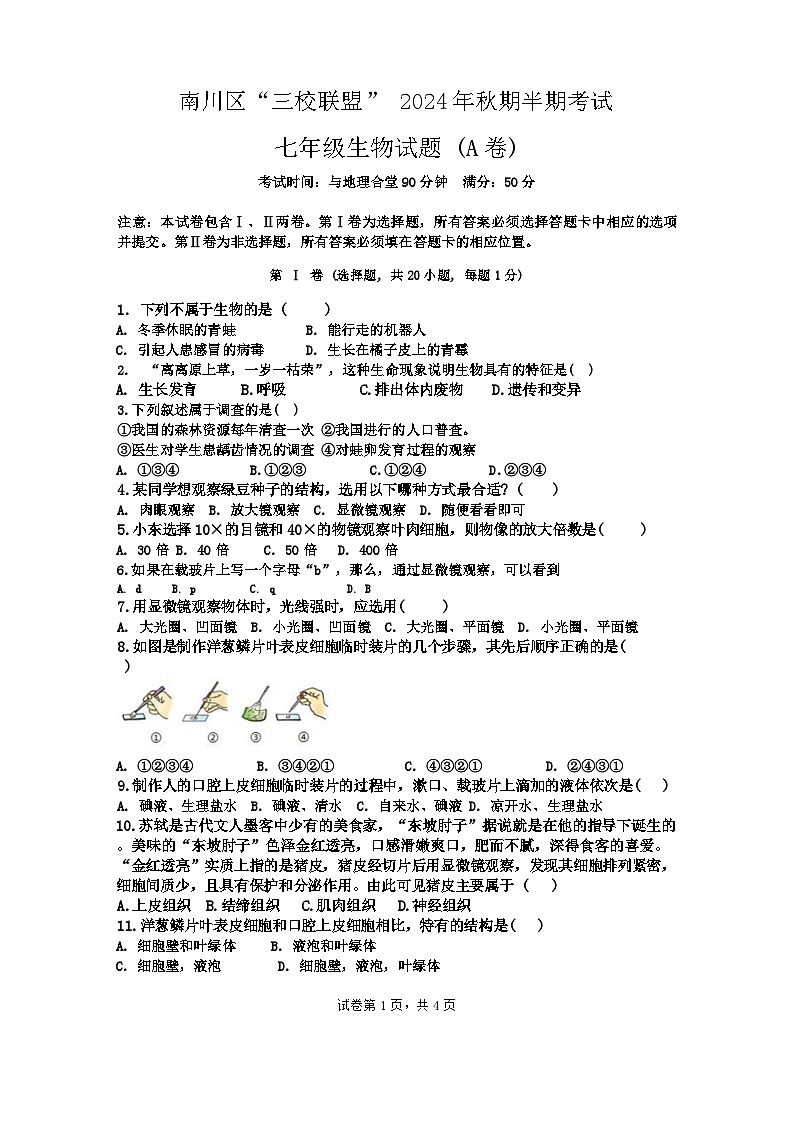 重庆市南川区三校联盟2024-2025学年七年级上学期期中考试生物试题(a卷)第1页