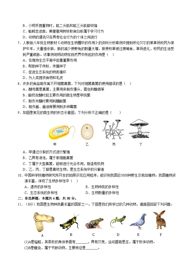 八年级生物第三次月考卷(考试版A4)【测试范围:人教版八上全册】(湖北专用)第2页