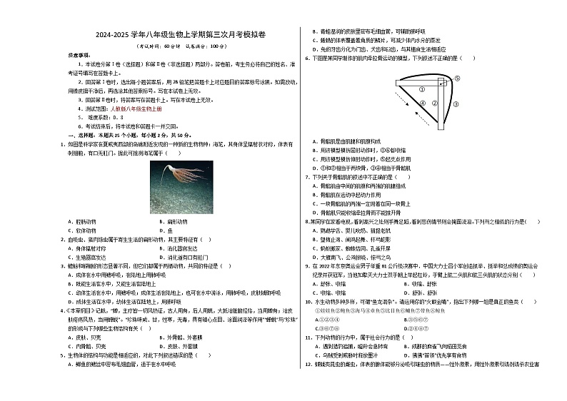 八年级生物第三次月考卷【测试范围:人教版八上全部】(考试版A3)(长沙专用)第1页
