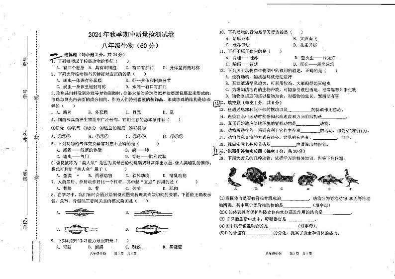 甘肃省定西市岷县2024-2025学年八年级上学期期中检测生物试卷第1页