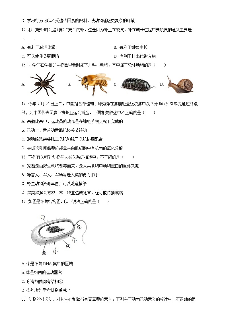 辽宁省锦州市黑山县2024-2025学年八年级上学期期中生物学试题(原卷版)-A4第3页