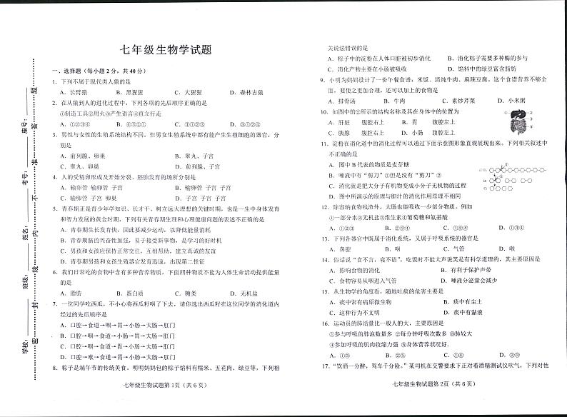 山东省淄博市周村区(五四制)2024-2025学年七年级上学期期中考试生物试题(含答案)第1页