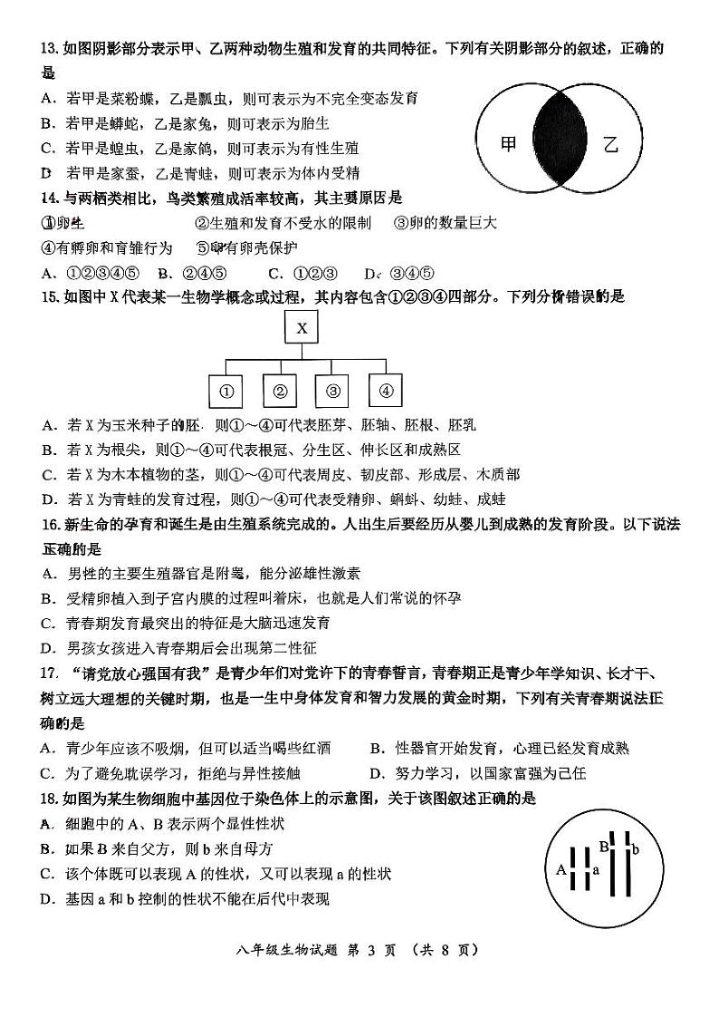 山东省济南市槐荫区2024-2025学年八年级上学期11月期中生物试题第3页